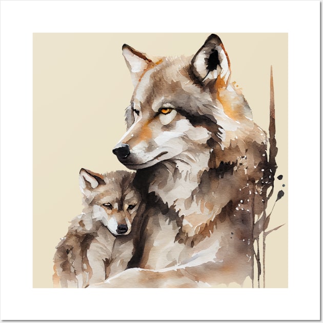 Watercolor Illustration of Wolf Mother with a Baby Wall Art by KOTOdesign